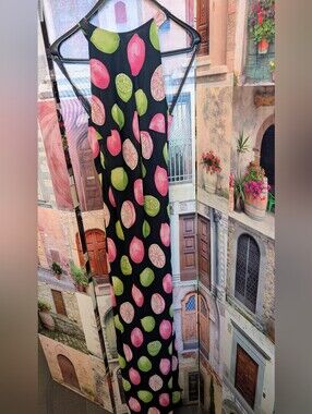 Maxi Sundress with Pink & Lime Fruit Print - Sleeveless Black Background NWOT
